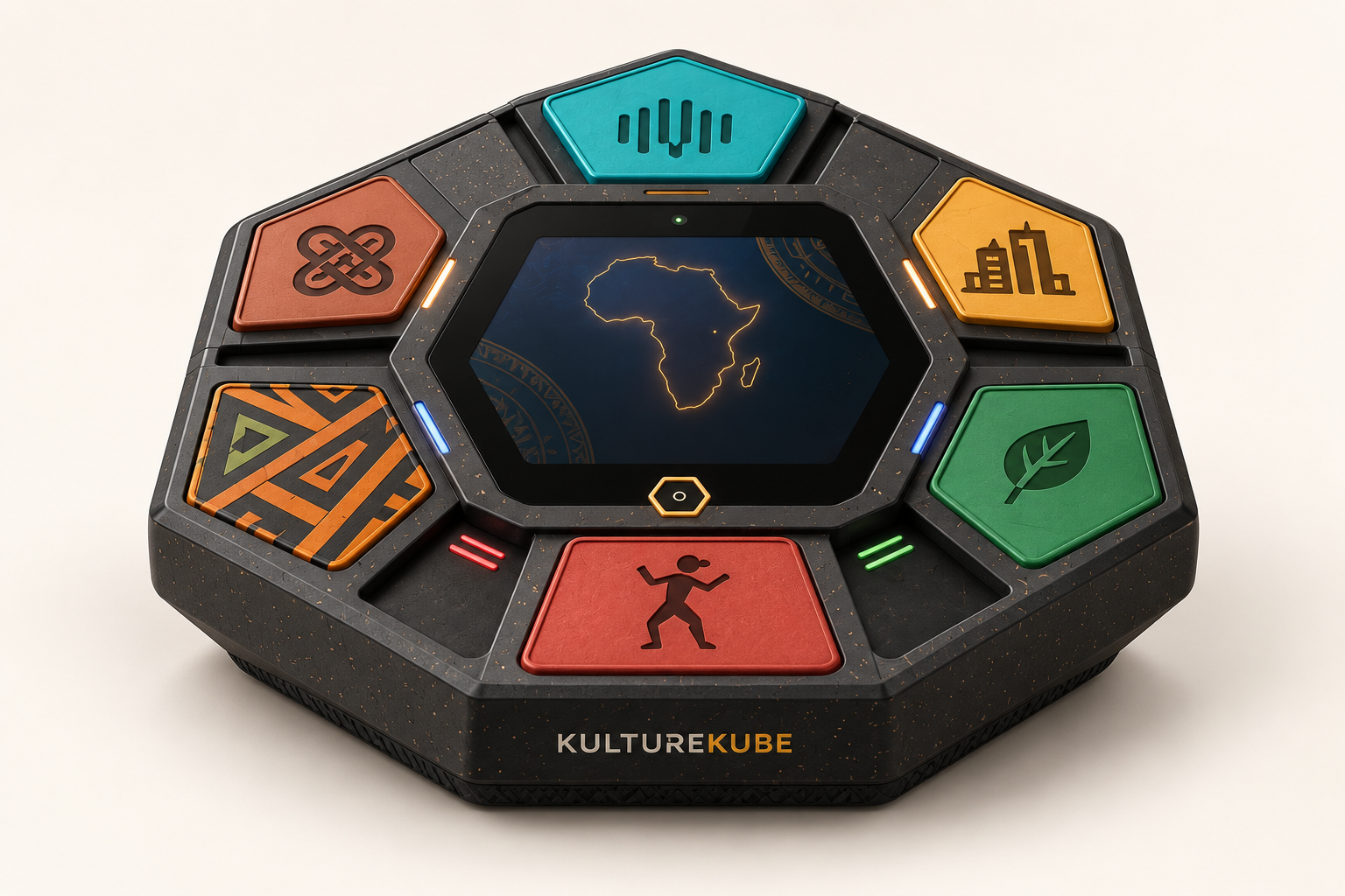KULTUREKUBE physical console concept with central display and six colourful modular game-tile bays