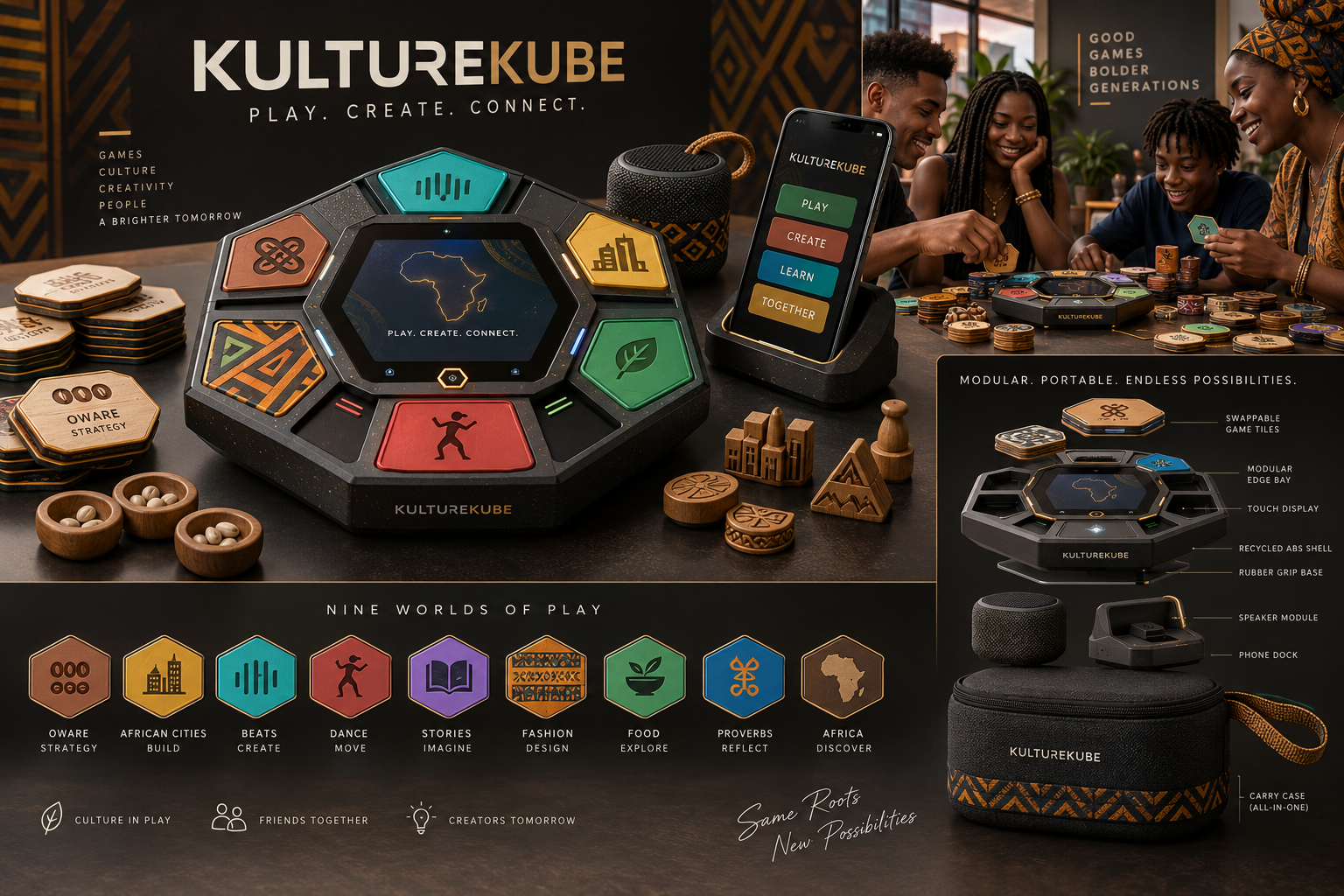 KULTUREKUBE brand board showing the console concept with glowing hexagonal game tiles, the nine Worlds of Play and the tagline Play. Create. Connect.