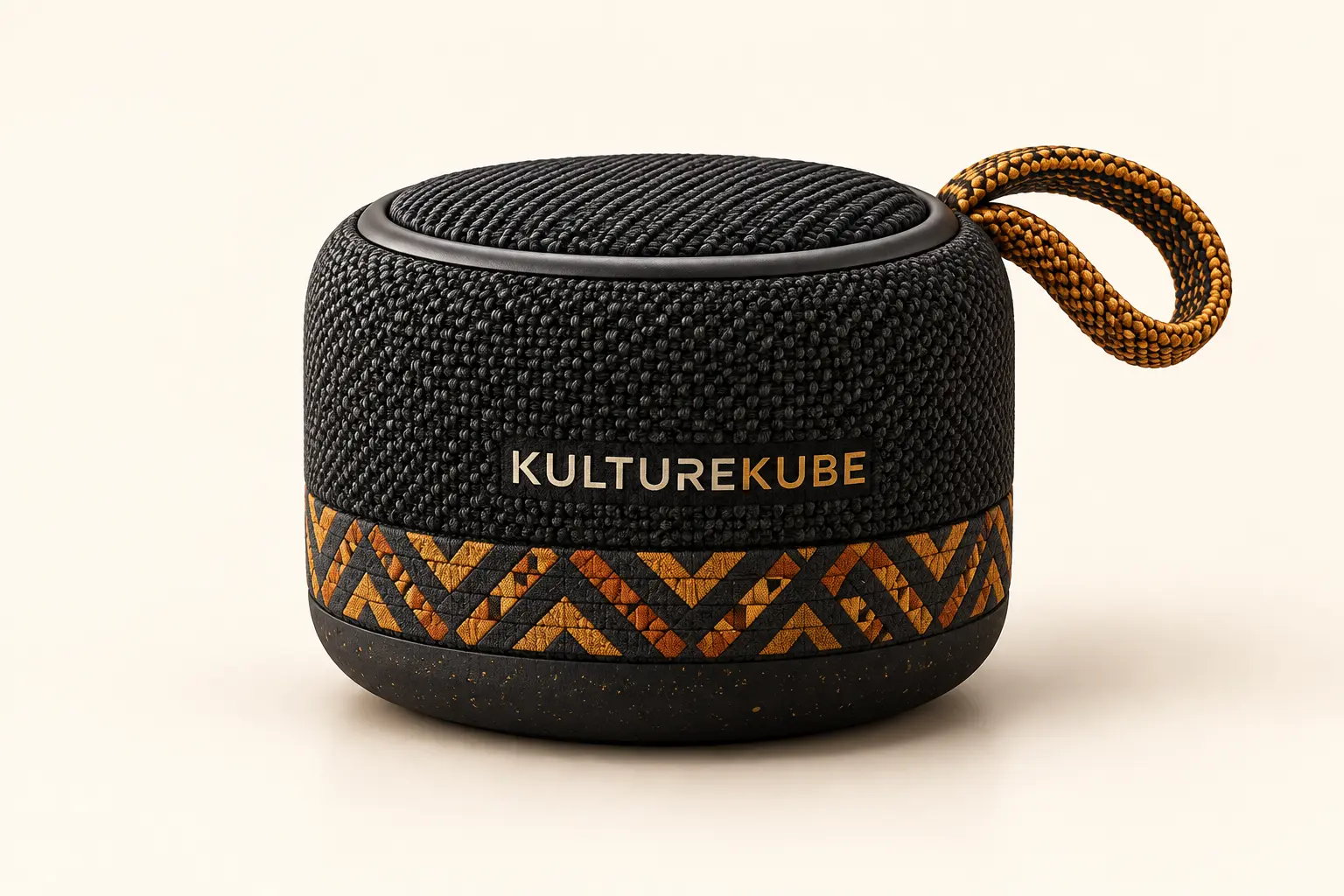 KULTUREKUBE console concept: a round woven charcoal device with gold African geometric patterning and a carry loop
